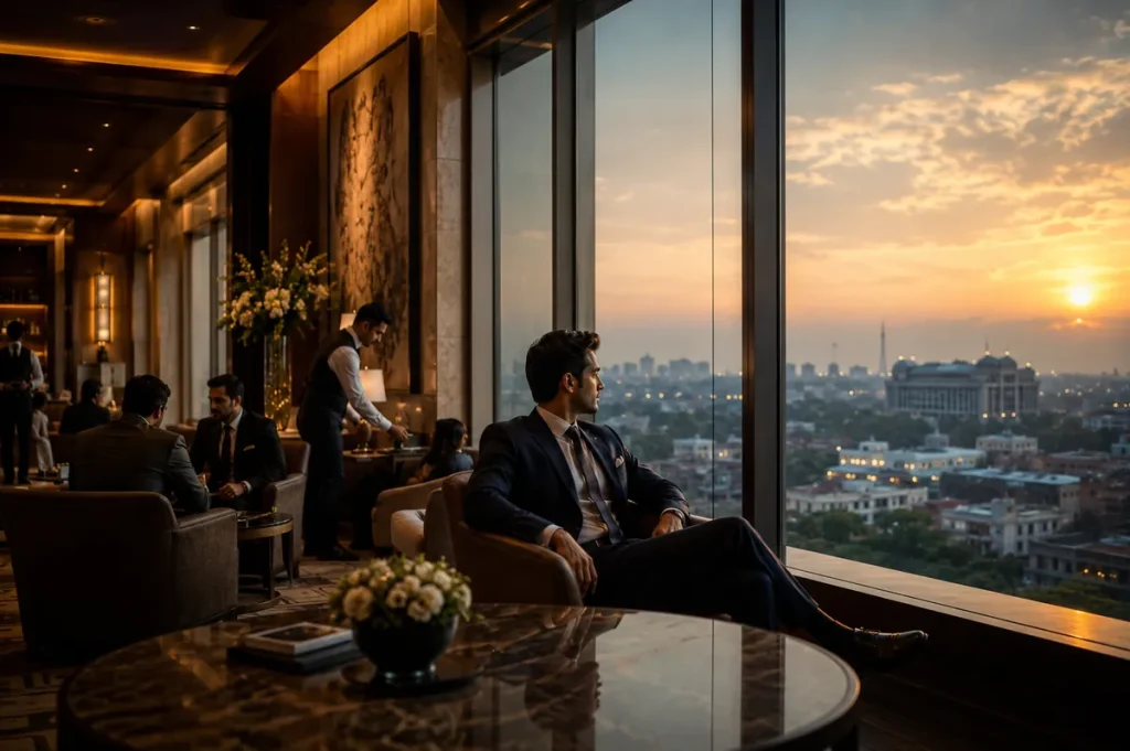 Executive reflecting inside luxury private lounge